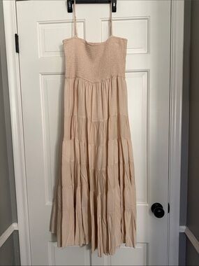 moodie Beige Smocked Spaghetti-Strap Tiered Maxi Dress